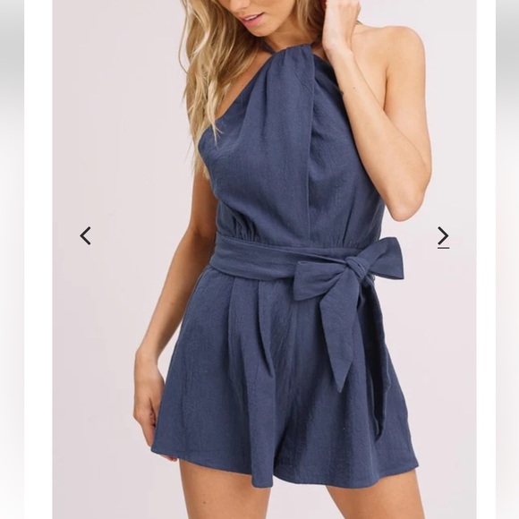 Listicle Short Halter Romper With Waist Tie in Blue Gray. Women’s Medium - Picture 3 of 8